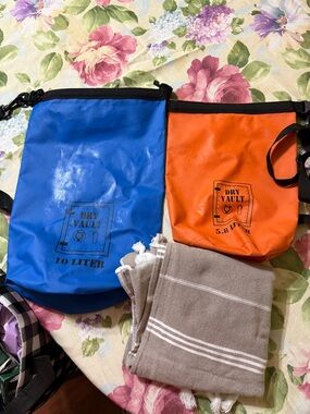 Dry Vault 10L Blue & 5.8L Orange Waterproof Dry Bags & lightweight beach towel
